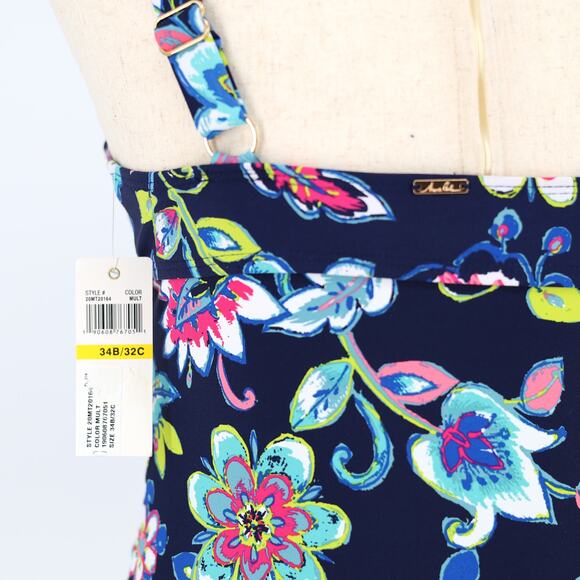 Anne Cole Women Navy Floral Twist Front Bandeau Tankini Swim Top Size 34B/32C - Picture 5 of 5